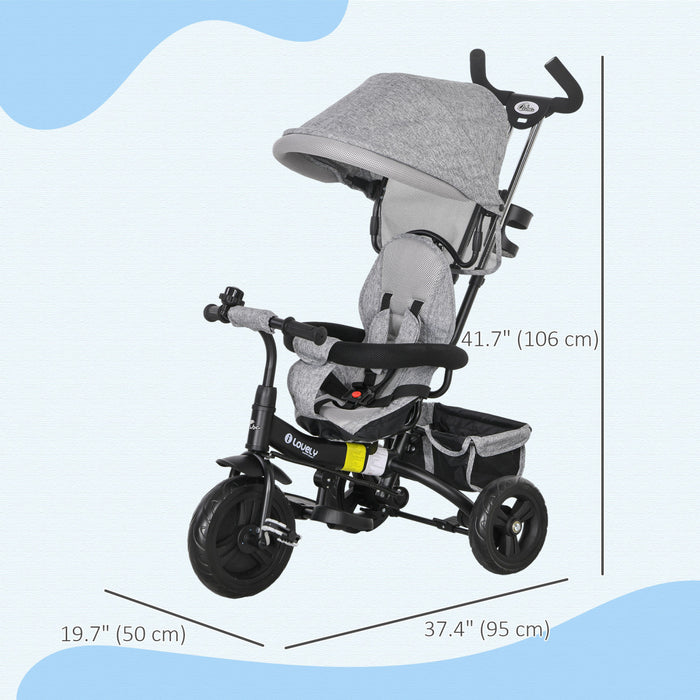 Qaba Tricycle Pour Tout-petits, Poussette De Velo 2 En 1 Pour Bebe Avec Auvent Pliable, Panier De Rangement, Harnais De Securite A 5 Points, Tricycle Pour Enfants De 1 A 5 Ans, Gris