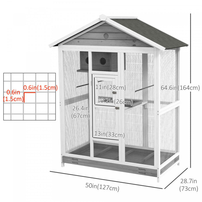 Pawhut 65\" Cage A Oiseaux Grande Voliere En Bois Pour Canari Avec Plateau Coulissant Nid De Poteau Debout, Pour Interieur Exterieur, Gris