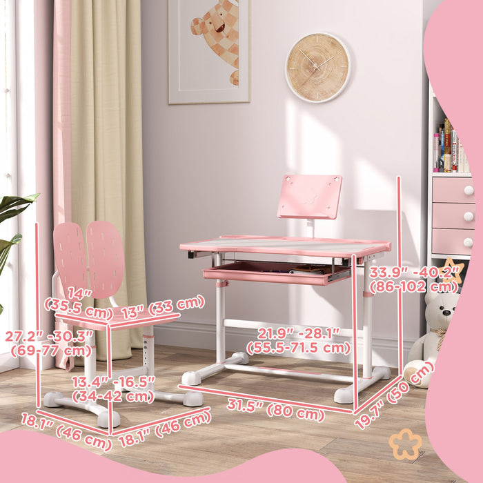 Qaba Ensemble Bureau Et Chaises Pour Enfants, Table D'etude Et Chaises Reglables En Hauteur Avec Bureau Inclinable, Grand Tableau D'ecriture, Support De Livre Pour 3 A 12 Ans, Rose
