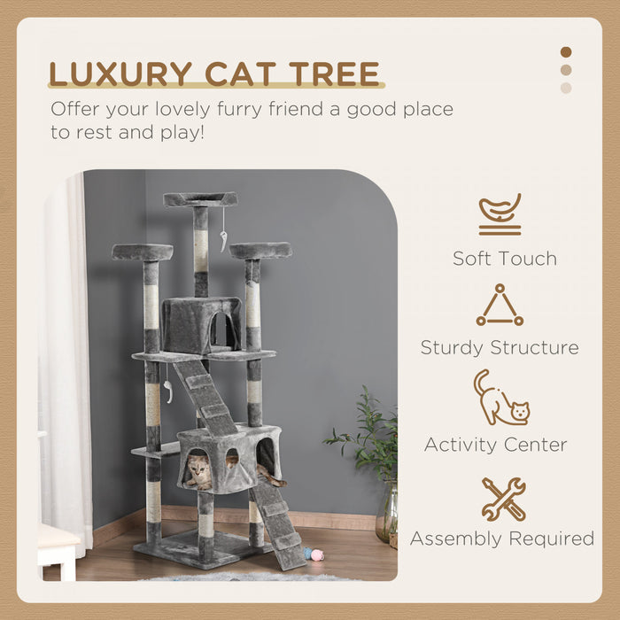 Pawhut Arbre A Chat Multi-niveaux De 67 Pouces Centre D'activites Tour De Poste Pour Condo Meubles Pour Animaux De Compagnie Avec Jouet Gris