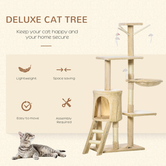 Pawhut Arbre A Chat Multi-niveaux 132 Cm Kitten Playhouse Kitty Centre D'activites Poteau A Gratter Repos Pour Condo Avec Hamac Beige