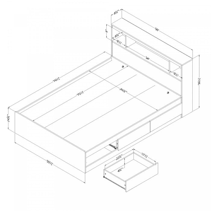 Reevo Ensemble Lit Double Avec Tete De Lit Bibliotheque - Blanc Solide