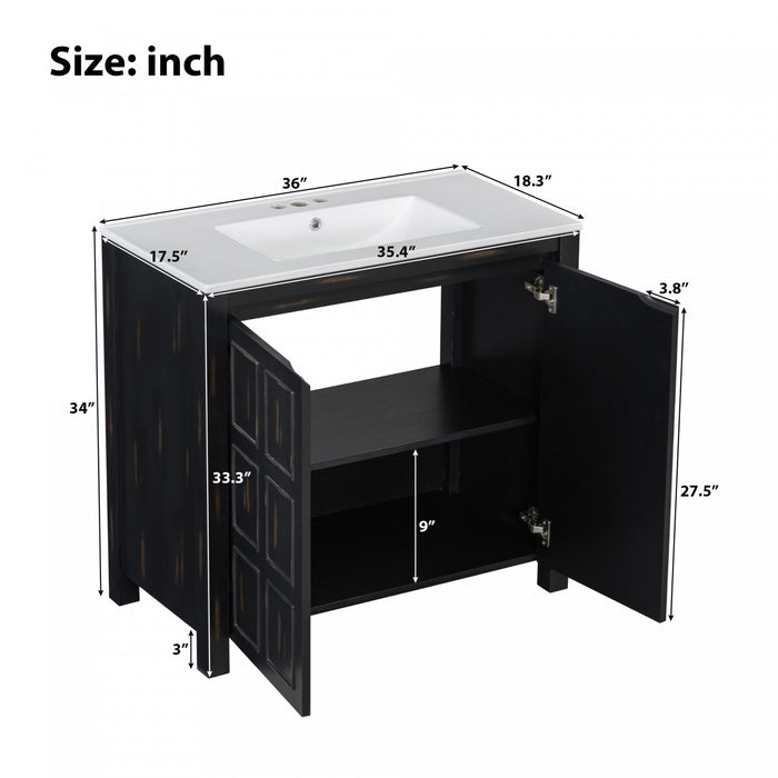 Meuble De Salle De Bain Laura 36\" En Bois Massif Avec Lavabo En Ceramique, Espresso