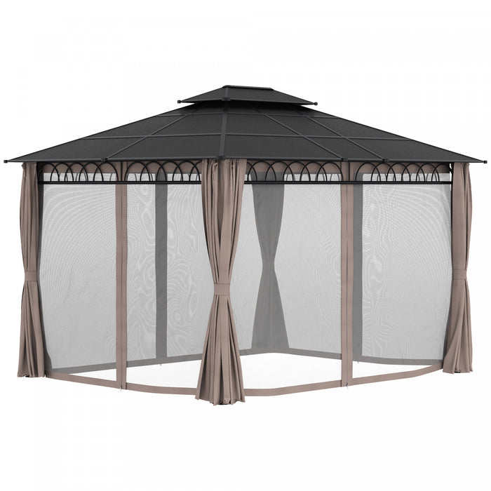 Outsunny Auvent De Tonnelle D'exterieur 12' X 10', Tonnelle A Double Toit Rigide En Polycarbonate, Cadre En Acier Galvanise, Filets Et Rideaux, Pour Jardin, Pelouse, Arriere-cour Et Terrasse