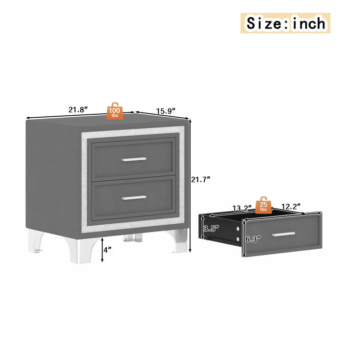 Ensemble De Chambre Sophia 3 Pieces Avec Tete De Lit Capitonnee En Velours, Lit Tapisse Et Eclairage Led, Taille Queen, Gris