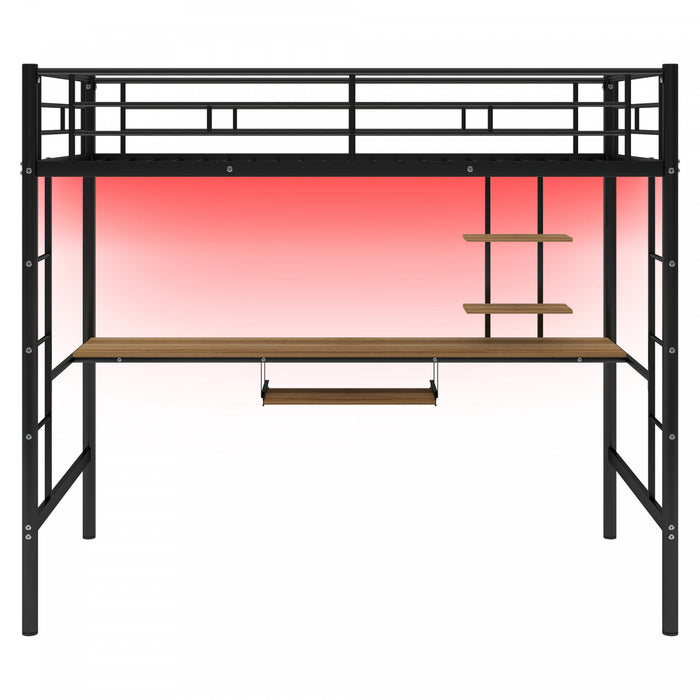 Andy – Lit Mezzanine Simple En Metal Avec Bureau Et Eclairage Led, Design Gain De Place – Noir