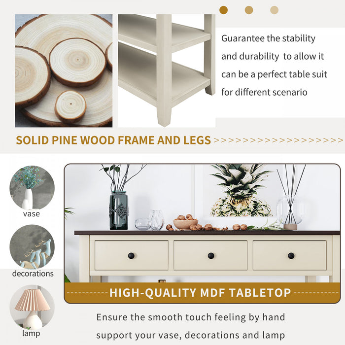 Console Wendy En Bois Massif Avec 3 Tiroirs Et 2 Etageres Ouvertes, Beige