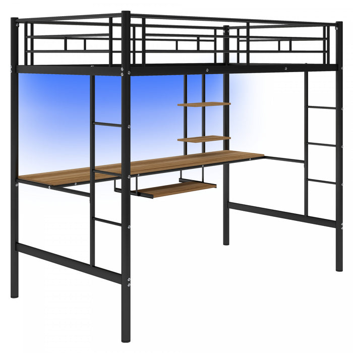 Andy – Lit Mezzanine Simple En Metal Avec Bureau Et Eclairage Led, Design Gain De Place – Noir