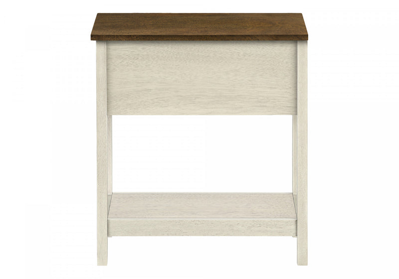 Table de bout et d’appoint étroite de style transitionnel à 2 niveaux, avec tiroir de rangement et placages blanc antique et bruns pour la chambre à coucher