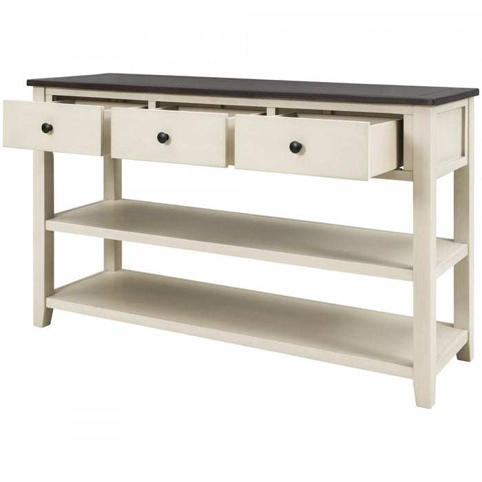 Console Wendy En Bois Massif Avec 3 Tiroirs Et 2 Etageres Ouvertes, Beige