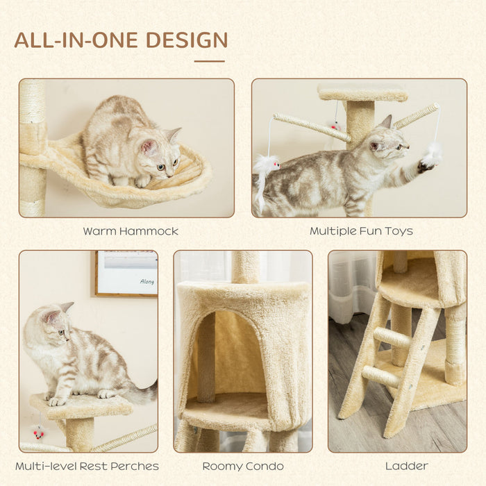 Pawhut Arbre A Chat Multi-niveaux 132 Cm Kitten Playhouse Kitty Centre D'activites Poteau A Gratter Repos Pour Condo Avec Hamac Beige