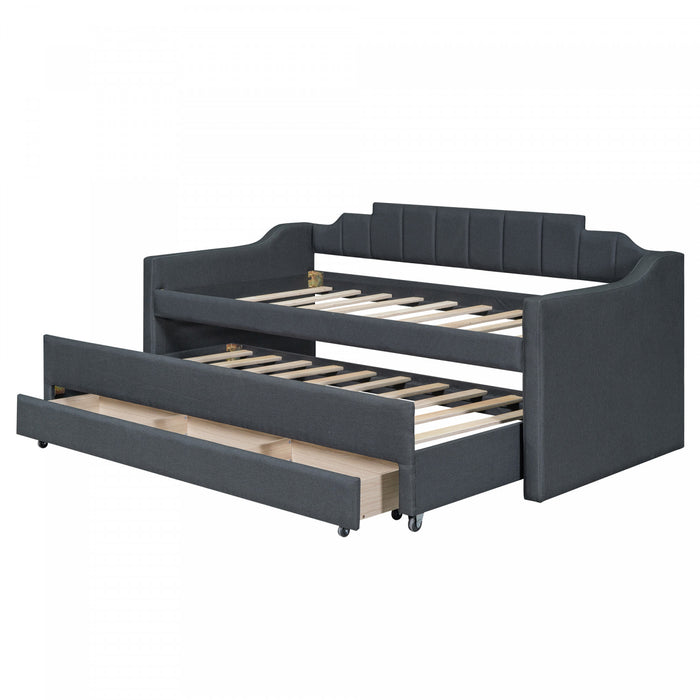 Hogan – Lit De Jour Rembourre En Tissu Aspect Lin Avec Lit Gigogne Et Tiroirs De Rangement, Format Simple, Gris