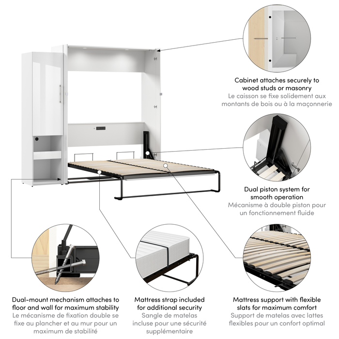 Grand lit escamotable Avalon de Bestar de 87 po (L) avec armoire de rangement et tablette coulissante