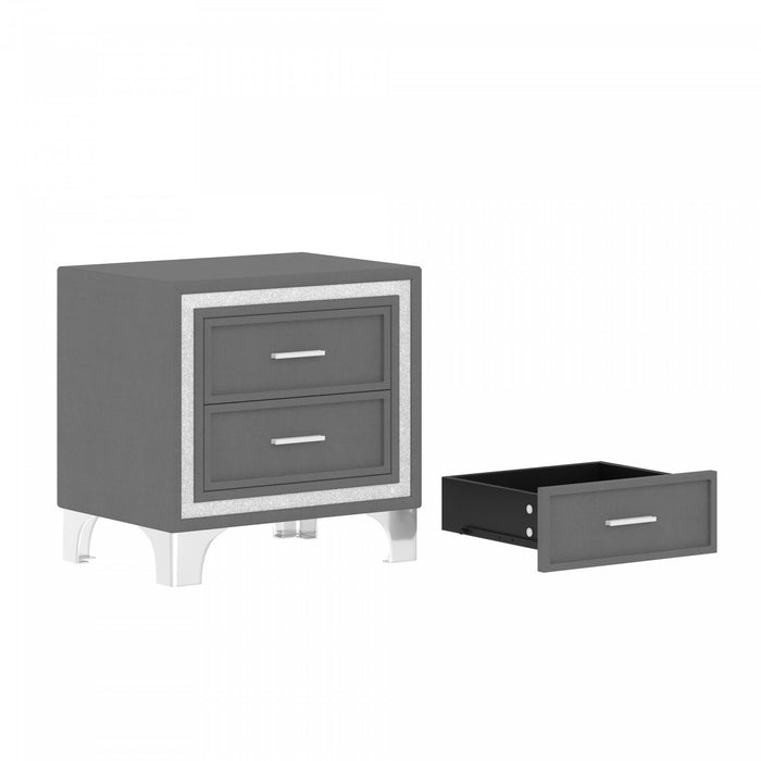 Ensemble De Chambre Sophia 3 Pieces Avec Tete De Lit Capitonnee En Velours, Lit Tapisse Et Eclairage Led, Taille Queen, Gris