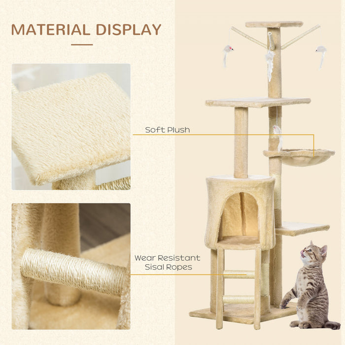 Pawhut Arbre A Chat Multi-niveaux 132 Cm Kitten Playhouse Kitty Centre D'activites Poteau A Gratter Repos Pour Condo Avec Hamac Beige