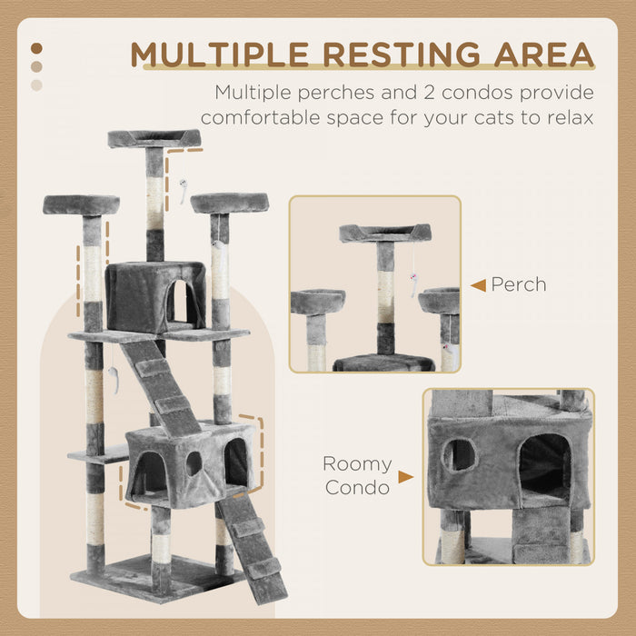 Pawhut Arbre A Chat Multi-niveaux De 67 Pouces Centre D'activites Tour De Poste Pour Condo Meubles Pour Animaux De Compagnie Avec Jouet Gris
