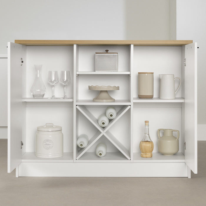 Toscano Ilot De Cuisine 6 Tiroirs Avec Portes Et Rangement A Vin - Blanc Et Erable Noix De Muscade