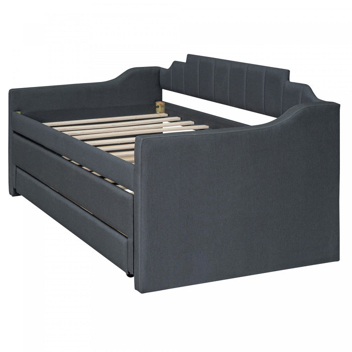 Hogan – Lit De Jour Rembourre En Tissu Aspect Lin Avec Lit Gigogne Et Tiroirs De Rangement, Format Simple, Gris