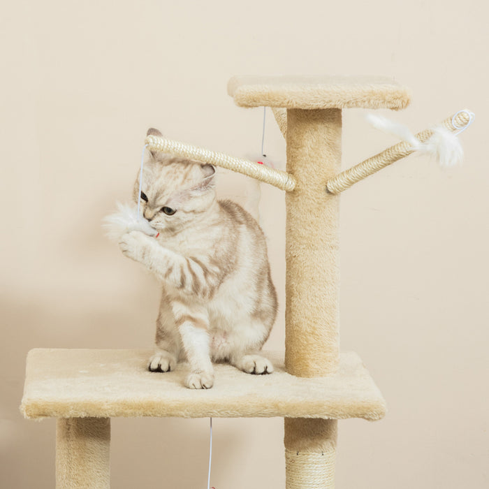 Pawhut Arbre A Chat Multi-niveaux 132 Cm Kitten Playhouse Kitty Centre D'activites Poteau A Gratter Repos Pour Condo Avec Hamac Beige