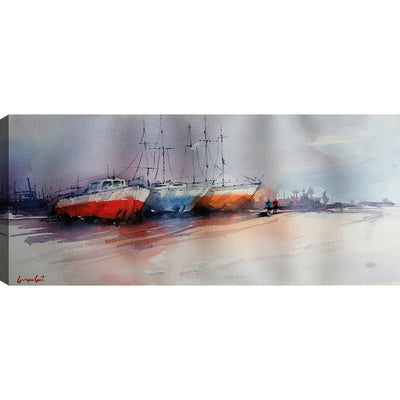 Blue & Red Boats Canvas Wall Art - 21" x 48" | Œuvre d’art murale « Blue & Red Boats » sur toile - 21 po x 48 po
