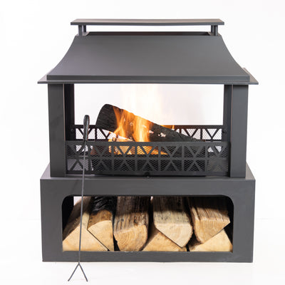 Deko Living Outdoor Metal Fireplace with Log Storage|Foyer extérieur Deko Living en métal avec rangement pour bûches