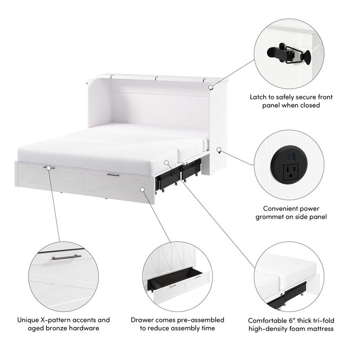 Lit armoire avec matelas à trois plis Key West, chêne blanc - format grand lit