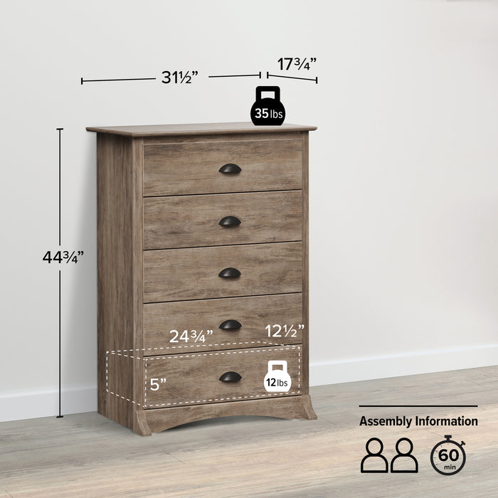 Commode verticale Salt Spring à 5 tiroirs - gris délavé