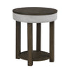 Table de bout ronde rustique Elroy de 21 po avec dessus relevable et tablette - brune et grise avec bordure en tissu