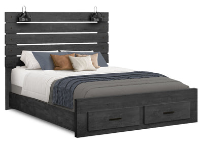 Soren Platform Storage Bed with Slat Headboard & Frame, Built-In LED, Graphite Grey - Queen Size | Lit plateforme de rangement Soren avec tête de lit à lattes, cadre de lit et éclairage à DEL intégré, gris graphite - format grand lit