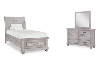 Kylie 5pc Bedroom Set with Storage Bed, Dresser & Mirror, Sand - Twin Size | Ensemble de chambre à coucher Kylie 5 pièces sable avec lit de rangement, commode et miroir - format lit simple