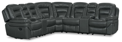 Leo 7-Piece Leather-Look Fabric Reclining Sectional with Storage Consoles and Cupholders - Grey | Sofa sectionnel inclinable Leo 7 pièces en tissu d’apparence cuir avec consoles de rangement