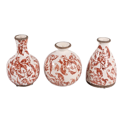 6.75” Set of 3 Ceramic Floral Cottage Bud Vases – Red and Ivory | Ensemble de 3 vases à fleurs Cottage de 6,75 po en céramique à motif floral- rouge et ivoire