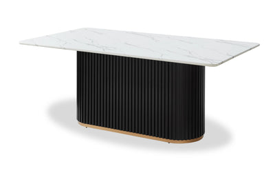 Kort & Co. Capri Dining Table with Marble-Look Top & Gold Accent, Pedestal Base, 72"W - Black/White | Table de salle à manger Capri de Kort & Co. de 72 po (L) avec dessus en imitation de marbre, touches dorées et base piédestal - noire et blanche