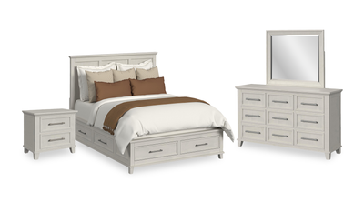 Celine 6pc Bedroom Set with Storage Bed, Dresser, Mirror & Nightstand, Ivory - Queen Size | Ensemble de chambre à coucher Celine 6 pièces avec lit de rangement, commode, miroir et table de nuit, ivoire - format grand lit