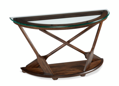 Hatfield 50" Eclectic Sofa Table with Glass Top & Carved Oars in Wood Base – Dark Oak | Table de salon éclectique Hatfield de 50 po avec dessus en verre et pagaies sculptées dans la base en bois - chêne foncé