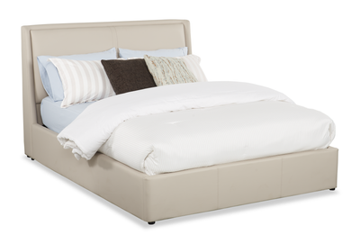 Nico Upholstered Storage Platform Bed in Vegan Leather Taupe Fabric, Hyrdraulic Lift - Queen Size | Lit plateforme rembourré Nico en tissu de cuir végétalien taupe avec rangement et levage hydraulique - format grand lit