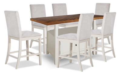 Piper 7pc Counter-Height Dining Set with Table & 6 Chairs, 60-72" Extension, Storage – White | Ensemble de salle à manger Piper 7 pièces de hauteur comptoir avec table de 60 po à 72 po (L) avec rallonge, 6 chaises et rangement - blanc