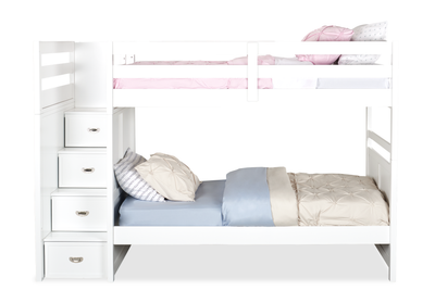 Quinn Bunk Bed with Built-in Staircase Dresser & Guard Rail for Kids, White - Twin/Twin | Lits superposés Quinn pour enfants avec commode escalier intégrée et garde-corps, blancs - simple et simple