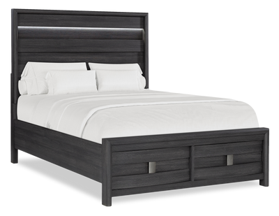 Rocco Storage Bed with 2 Built-In Footboard Drawers & LED Lit Headboard, Dark Grey - Queen Size | Lit de rangement Rocco avec 2 tiroirs de pied de lit intégrés et tête de lit illuminée à DEL, gris foncé - format grand lit