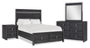 Ensemble de chambre à coucher Rocco 6 pièces avec lit de rangement illuminé à DEL, commode, miroir et table de nuit, gris foncé - format grand lit