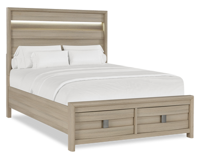 Rocco Storage Bed with 2 Built-In Footboard Drawers & LED Lit Headboard, Light Brown - Queen Size | Lit de rangement Rocco avec 2 tiroirs de pied de lit intégrés et tête de lit illuminée à DEL, brun clair - format grand lit