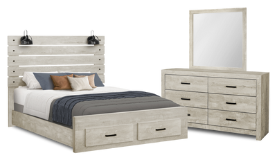 Soren 5pc Bedroom Set with Slat Storage Bed, Dresser & Mirror, LED, Bleached Oak - Queen | Ensemble de chambre à coucher Soren 5 pièces avec lit de rangement à lattes, commode, miroir et éclairage à DEL, chêne blanchi - grand lit