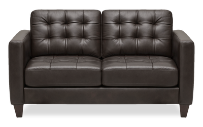 Theo 62" Top-Grain Genuine Leather Loveseat with Removable Back Cushion and Wood Feet – Grey | Causeuse Theo de 62 po en cuir véritable de qualité supérieure avec coussin de dossier amovible et pattes en bois - grise