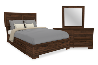 Yorkdale 5pc Bedroom Set with 6-Drawer Storage Bed, Dresser & Mirror, Walnut Brown - Full Size | Ensemble de chambre à coucher Yorkdale 5 pièces avec lit de rangement à 6 tiroirs, commode et miroir, brun noyer - format lit double