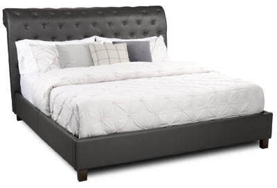 Tulsa Upholstered Platform Bed in Grey Vegan-Leather Fabric, Button Tufted - King Size | Lit plateforme rembourré Tulsa en tissu de cuir végétalien gris avec capitonnage à boutons - format très grand lit