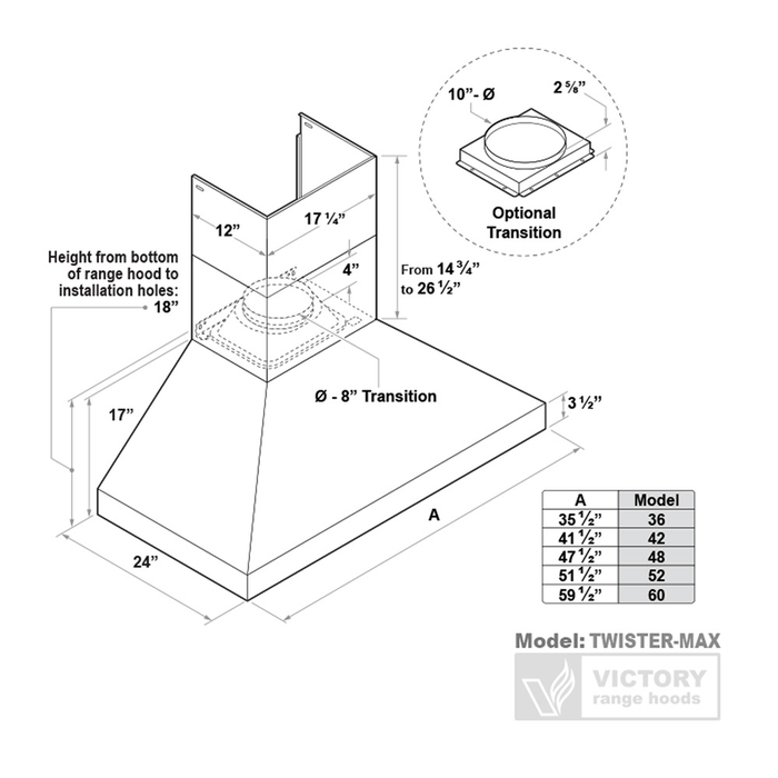 Hotte de cuisinière murale Victory de 36 po et de 1200 pi3/min en acier inoxydable - Twister-MAX-36