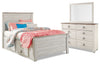 Ensemble de chambre à coucher Willowton 5 pièces avec lit plateforme de rangement, commode et miroir, blanchi - format lit double