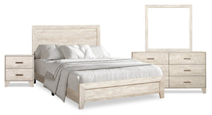 Ensemble de chambre à coucher Arbor 6 pièces bois de grève blanc avec lit à panneaux, commode, miroir et table de nuit - format très grand lit