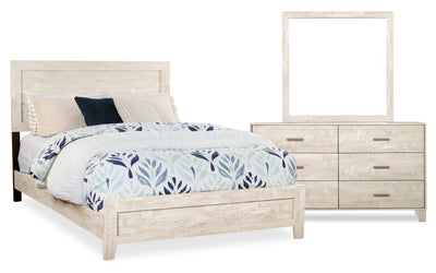 Arbor 5pc Bedroom Set with Panel Bed, Dresser & Mirror, Driftwood White - Queen Size | Ensemble de chambre à coucher Arbor 5 pièces bois de grève blanc avec lit à panneaux, commode et miroir - format grand lit