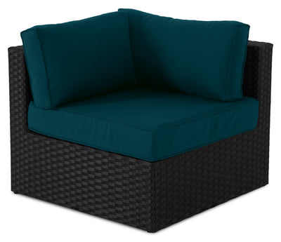 Barbados Corner Outdoor Patio Chair - Hand-Woven Resin Wicker, UV & Weather Resistant - Black/Blue | Fauteuil en coin Barbados pour la terrasse à l’extérieur - osier en résine tressé à la main, résistant aux rayons UV et aux intempéries - noir et bleu